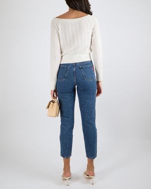 Chanel Cream Knitted Jumper with Champagne Gold and White Camellia CC Logo Detail Size FR 36 (UK 8)