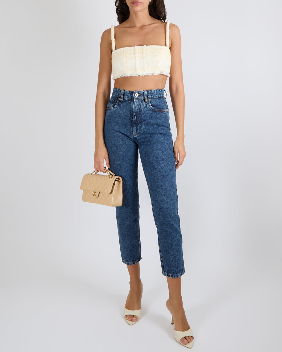 Miu Miu Icons Dark Blue Denim Straight-Leg Brigitte High-Waisted Jeans with Silver Logo Button and Back Logo Patch Size 24 (UK 4/6)