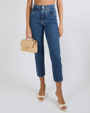 Miu Miu Icons Dark Blue Denim Straight-Leg Brigitte High-Waisted Jeans with Silver Logo Button and Back Logo Patch Size 24 (UK 4/6)