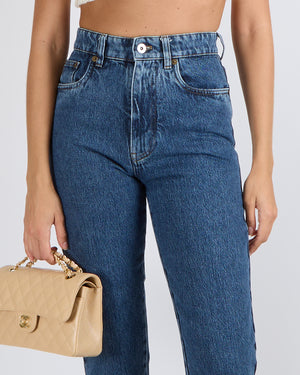Miu Miu Icons Dark Blue Denim Straight-Leg Brigitte High-Waisted Jeans with Silver Logo Button and Back Logo Patch Size 24 (UK 4/6)