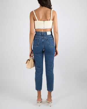 Miu Miu Icons Dark Blue Denim Straight-Leg Brigitte High-Waisted Jeans with Silver Logo Button and Back Logo Patch Size 24 (UK 4/6)