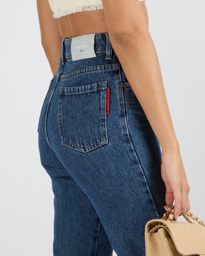 Miu Miu Icons Dark Blue Denim Straight-Leg Brigitte High-Waisted Jeans with Silver Logo Button and Back Logo Patch Size 24 (UK 4/6)