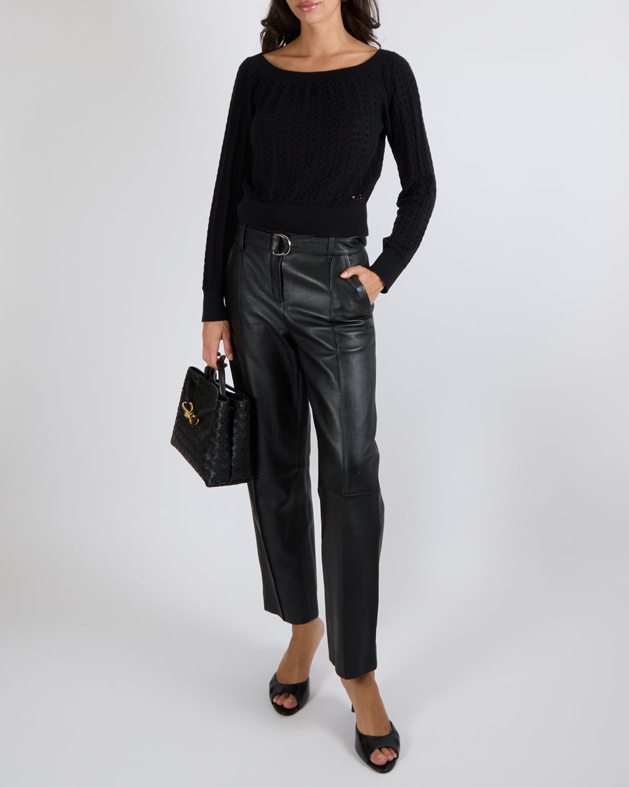 Chanel Black Cashmere Knitted Jumper with Black and Silver Camellia CC Logo Detail Size FR 38 (UK 10)