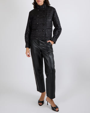 Chanel Black Padded Jacket with Metallic CC Logo Prints and Black and Silver Crystal CC Logo Buttons Size FR 34 (UK 6)
