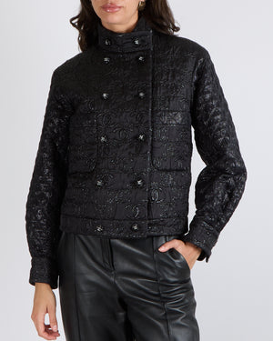 Chanel Black Padded Jacket with Metallic CC Logo Prints and Black and Silver Crystal CC Logo Buttons Size FR 34 (UK 6)