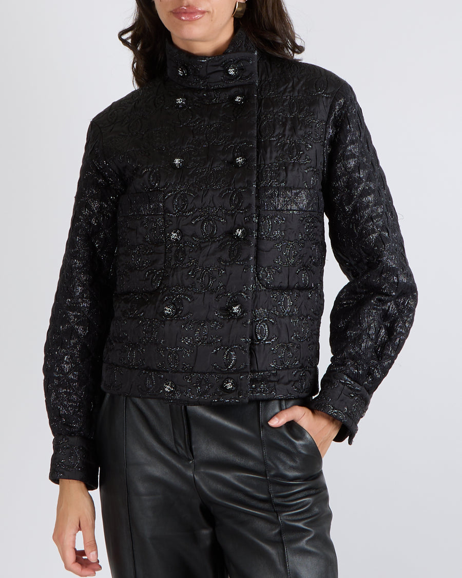 Chanel Black Padded Jacket with Metallic CC Logo Prints and Black and Silver Crystal CC Logo Buttons Size FR 34 (UK 6)