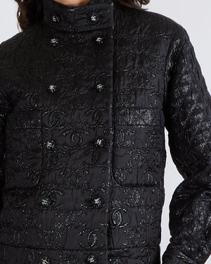 Chanel Black Padded Jacket with Metallic CC Logo Prints and Black and Silver Crystal CC Logo Buttons Size FR 34 (UK 6)