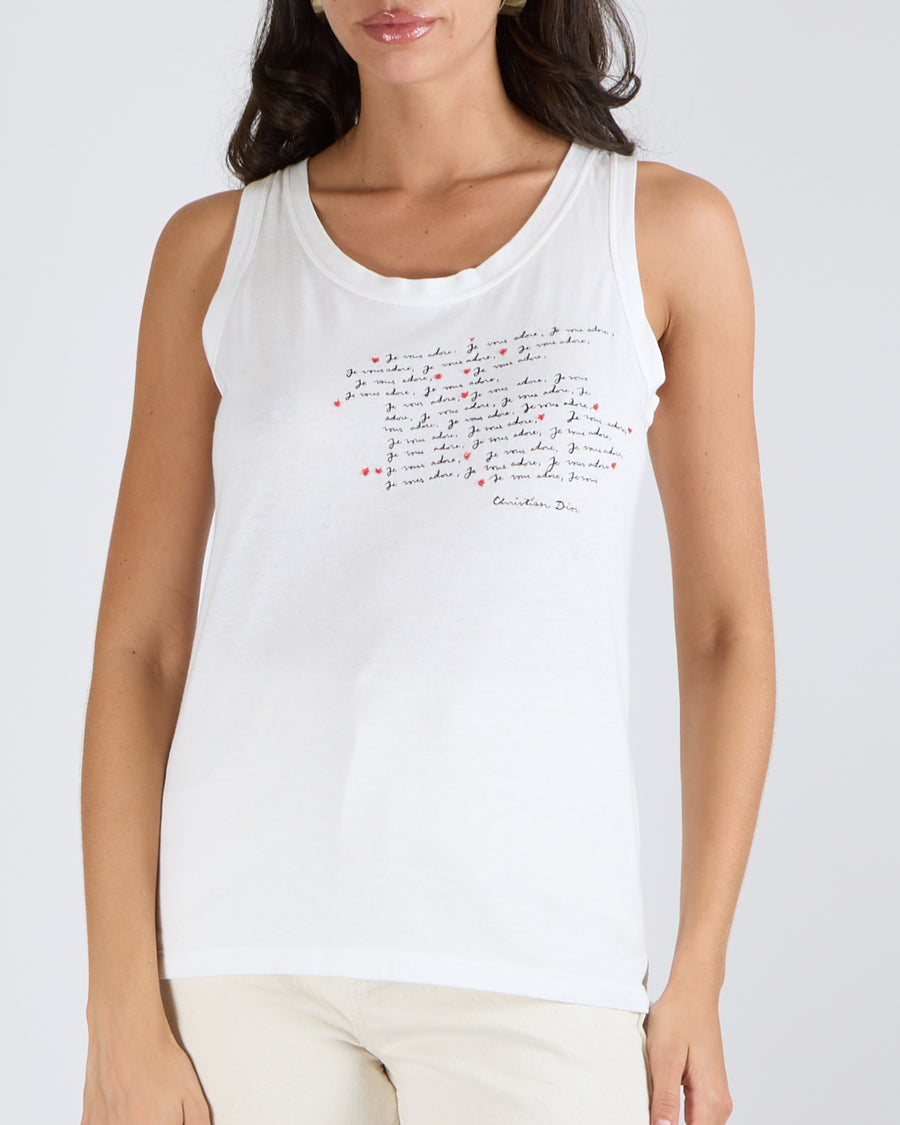 Christian Dior White Tank Top with "Je Vous Adore" Embroideries and Back Logo Print Size S (UK 8)