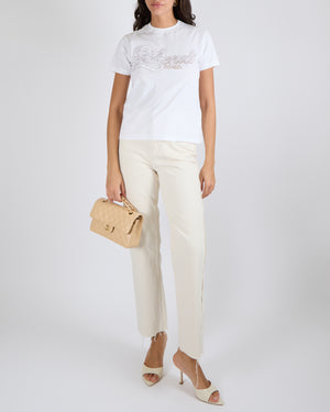 Fendi White Short-Sleeved T-Shirt with White and Beige Embroidered Logo Size XS (UK 6)