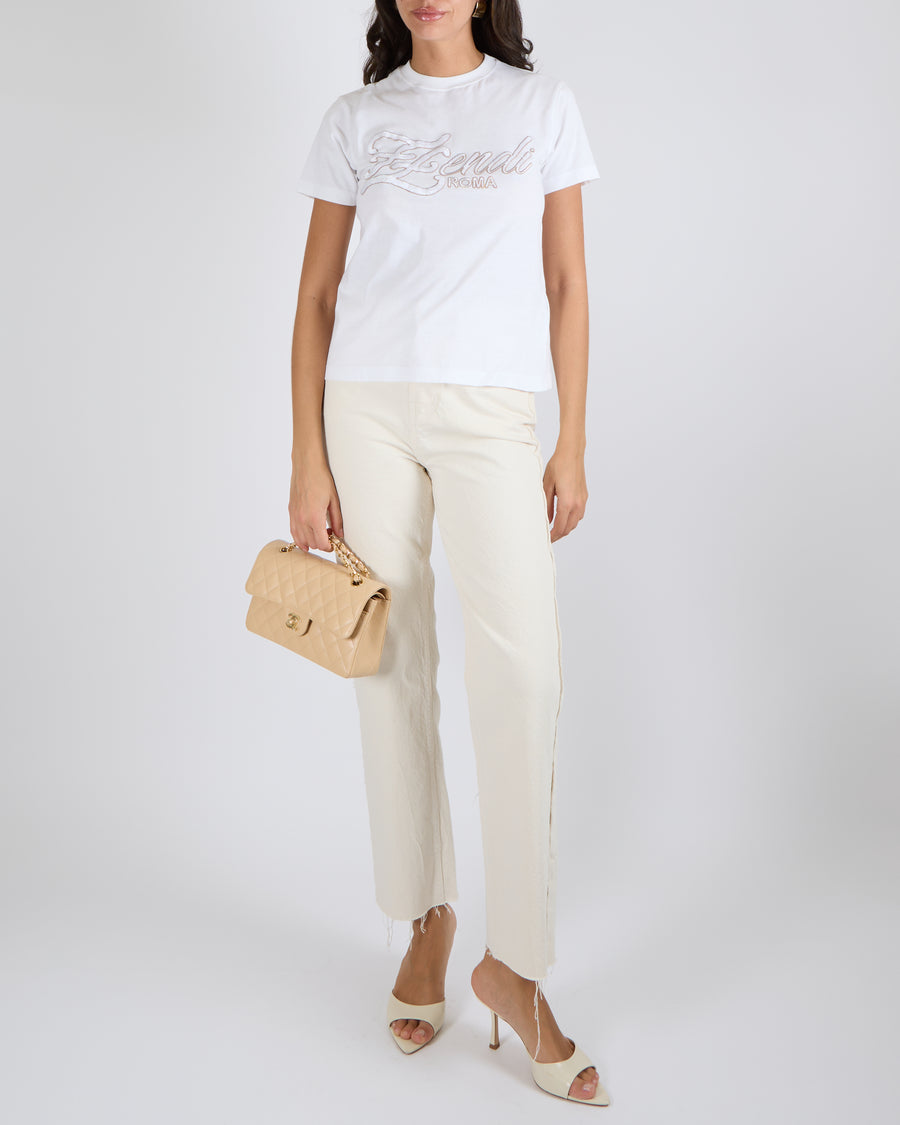 Fendi White Short-Sleeved T-Shirt with White and Beige Embroidered Logo Size XS (UK 6)