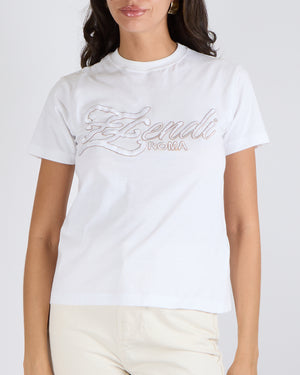 Fendi White Short-Sleeved T-Shirt with White and Beige Embroidered Logo Size XS (UK 6)