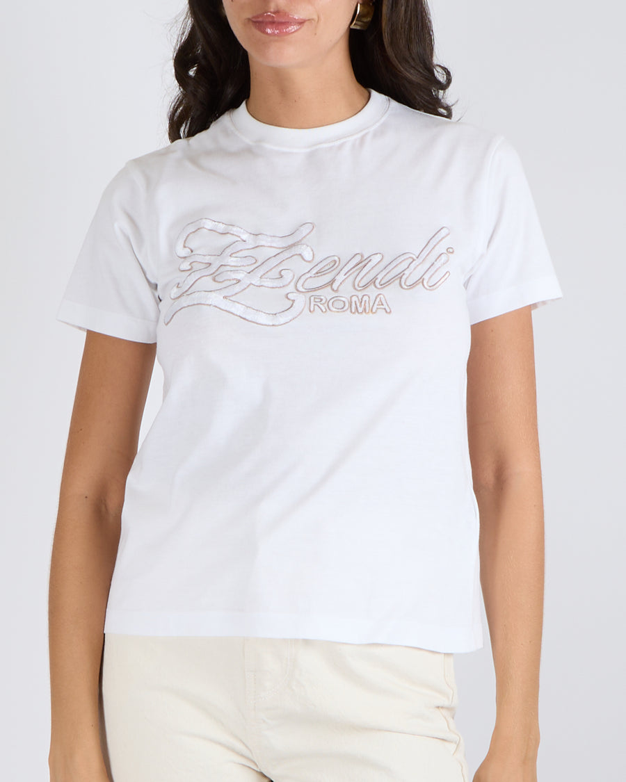 Fendi White Short-Sleeved T-Shirt with White and Beige Embroidered Logo Size XS (UK 6)