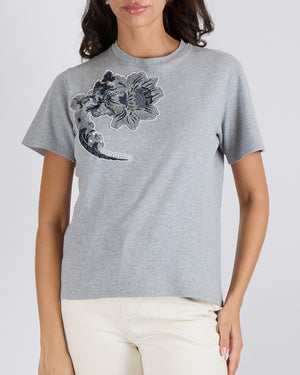 Louis Vuitton Grey Short-Sleeved T-Shirt with Sequin Embellished Flower and Logo Embroidery  Size S (UK 8)