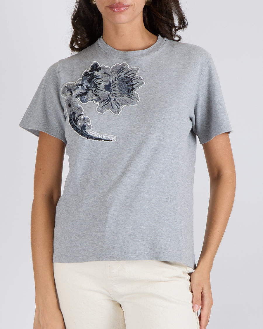 Louis Vuitton Grey Short-Sleeved T-Shirt with Sequin Embellished Flower and Logo Embroidery  Size S (UK 8)