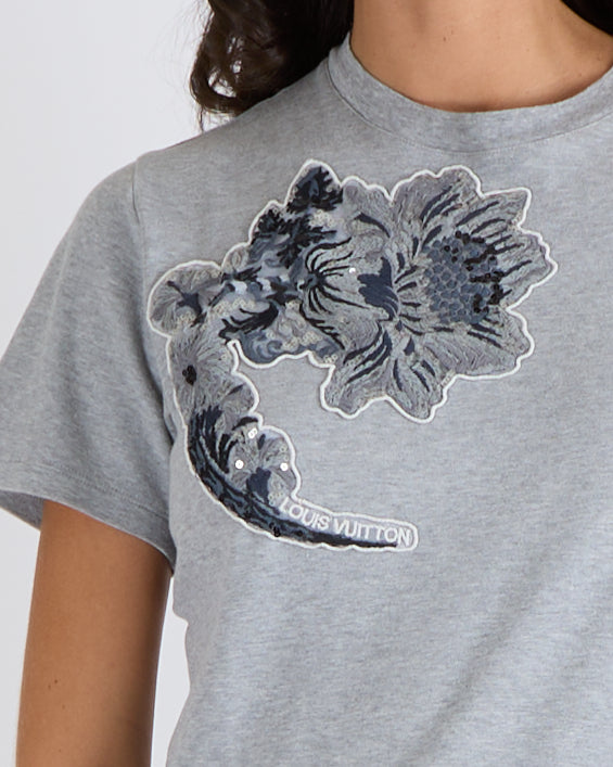 Louis Vuitton Grey Short-Sleeved T-Shirt with Sequin Embellished Flower and Logo Embroidery  Size S (UK 8)