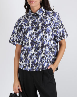 Christian Dior Blue, White and Black Leopard Print Short-Sleeved Button Down Shirt with Black Embroidered Logo Detail Size FR 40 (UK 12)
