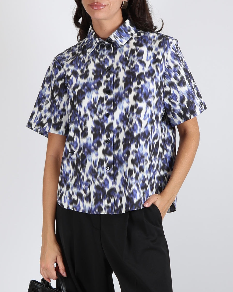 Christian Dior Blue, White and Black Leopard Print Short-Sleeved Button Down Shirt with Black Embroidered Logo Detail Size FR 40 (UK 12)
