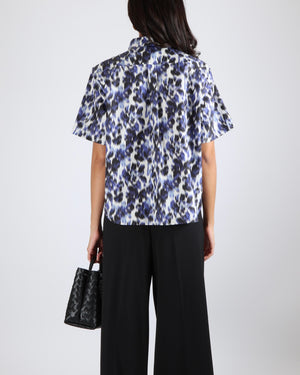 Christian Dior Blue, White and Black Leopard Print Short-Sleeved Button Down Shirt with Black Embroidered Logo Detail Size FR 40 (UK 12)