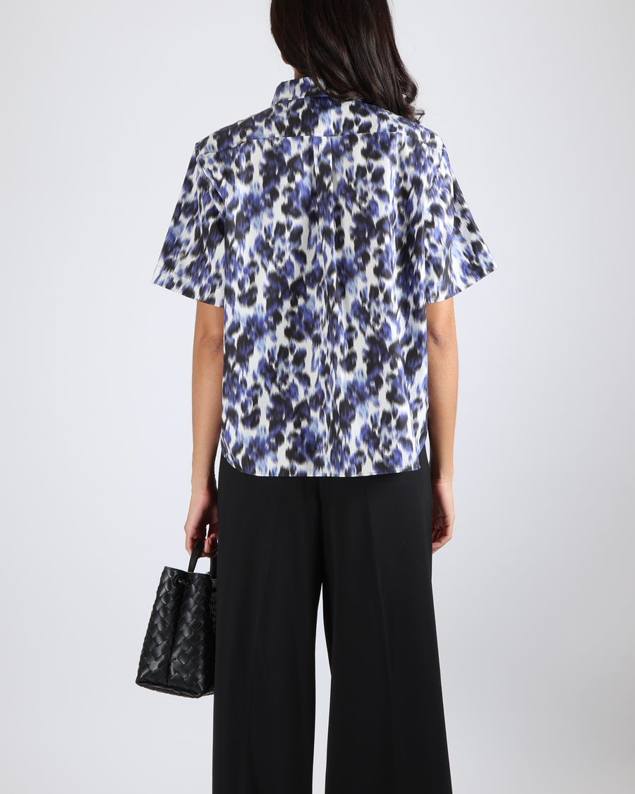 Christian Dior Blue, White and Black Leopard Print Short-Sleeved Button Down Shirt with Black Embroidered Logo Detail Size FR 40 (UK 12)