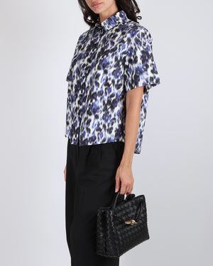 Christian Dior Blue, White and Black Leopard Print Short-Sleeved Button Down Shirt with Black Embroidered Logo Detail Size FR 40 (UK 12)