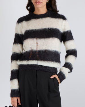 Saint Laurent Black and White Striped Mohair Jumper with Perforated Front Details Size S (UK 8)
