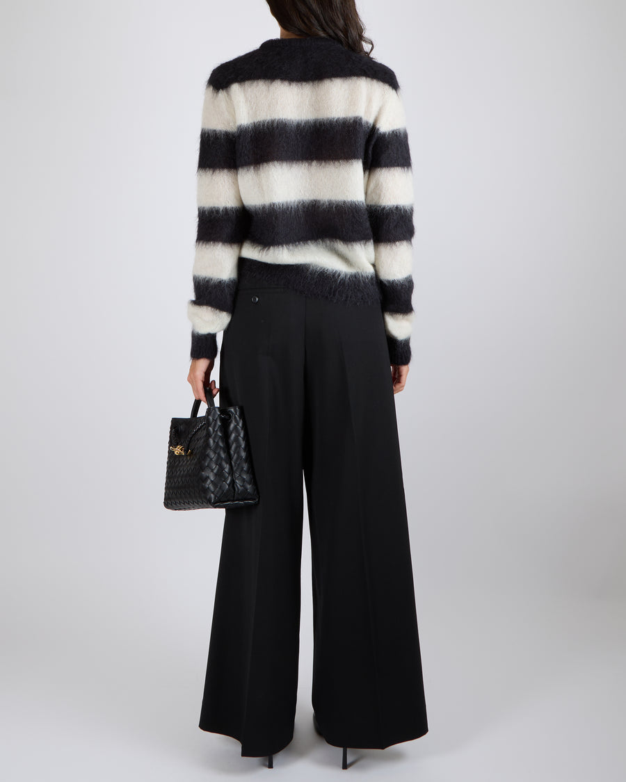 Saint Laurent Black and White Striped Mohair Jumper with Perforated Front Details Size S (UK 8)
