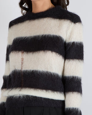 Saint Laurent Black and White Striped Mohair Jumper with Perforated Front Details Size S (UK 8)