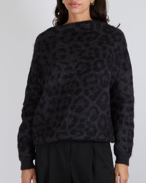 Valentino Grey and Black Mohair Leopard Print Off the Shoulders Jumper Size XS (UK 6)