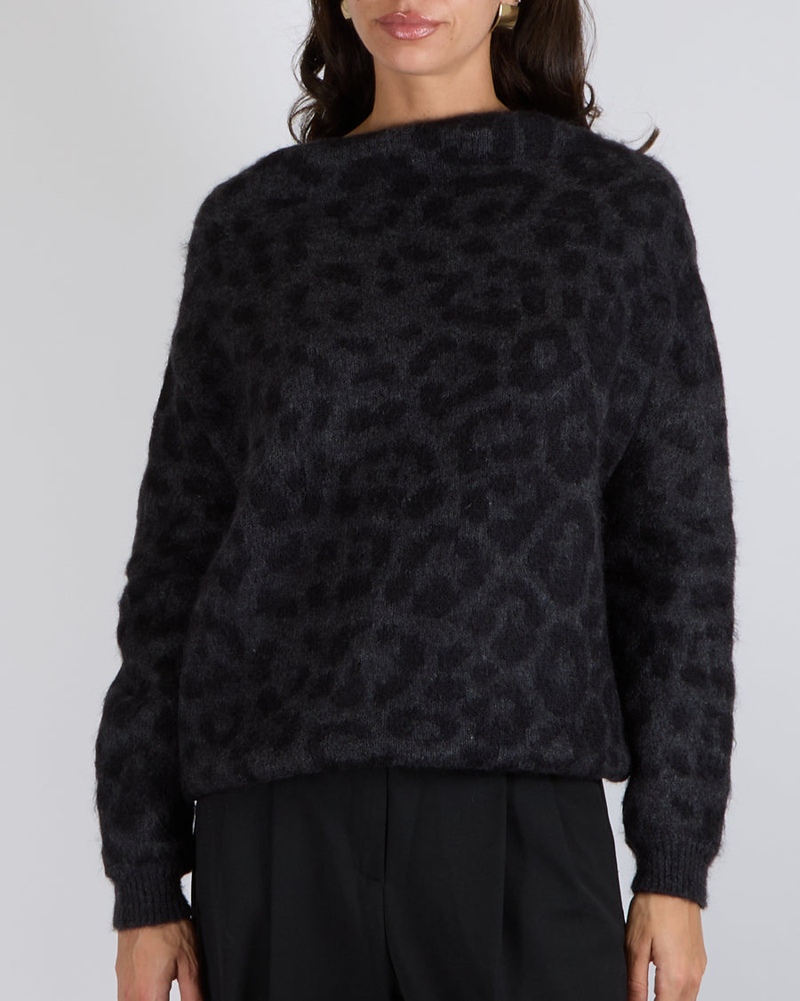 Valentino Grey and Black Mohair Leopard Print Off the Shoulders Jumper Size XS (UK 6)
