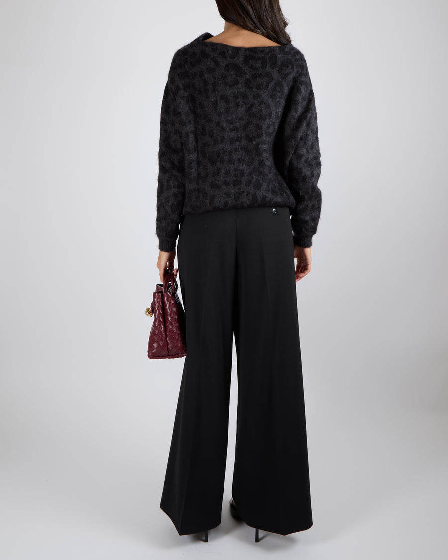 Valentino Grey and Black Mohair Leopard Print Off the Shoulders Jumper Size XS (UK 6)