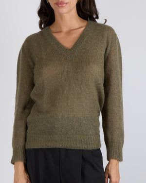 Gucci Khaki Mohair V-Neck Knit Jumper with GG Logo Detail Size S (UK 8)
