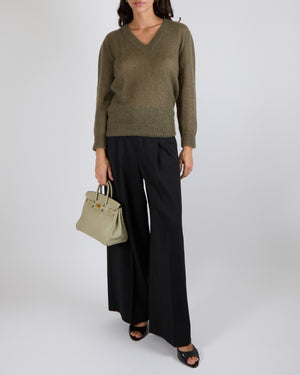 Gucci Khaki Mohair V-Neck Knit Jumper with GG Logo Detail Size S (UK 8)
