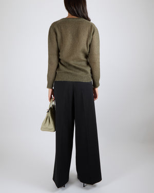 Gucci Khaki Mohair V-Neck Knit Jumper with GG Logo Detail Size S (UK 8)