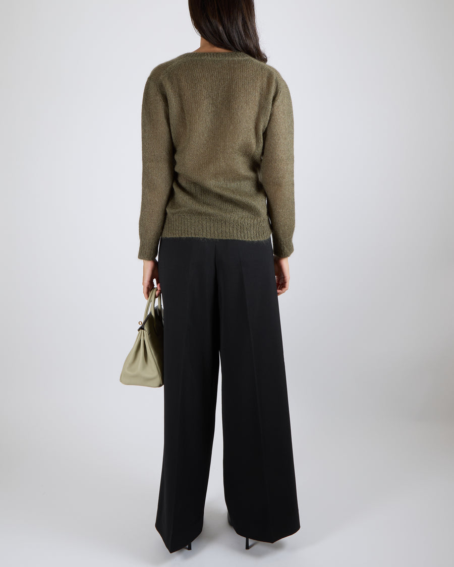 Gucci Khaki Mohair V-Neck Knit Jumper with GG Logo Detail Size S (UK 8)