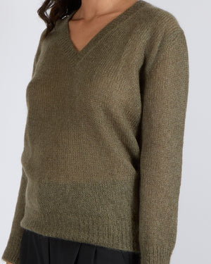Gucci Khaki Mohair V-Neck Knit Jumper with GG Logo Detail Size S (UK 8)