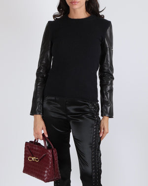 Hermès Black Cashmere Jumper with Lambskin Leather Sleeves and Palladium Stud Details Size FR 36 (UK 8) RRP £4,200