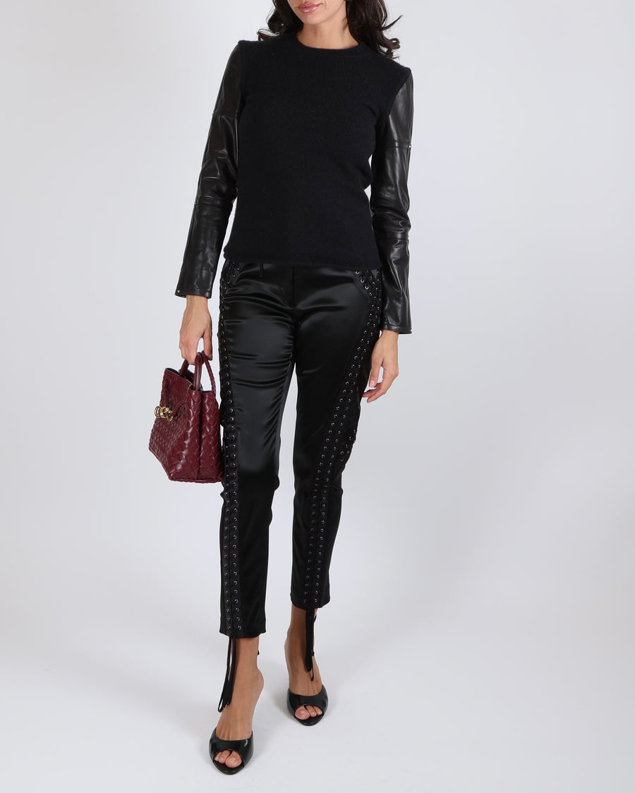 Hermès Black Cashmere Jumper with Lambskin Leather Sleeves and Palladium Stud Details Size FR 36 (UK 8) RRP £4,200