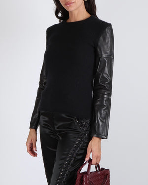 Hermès Black Cashmere Jumper with Lambskin Leather Sleeves and Palladium Stud Details Size FR 36 (UK 8) RRP £4,200