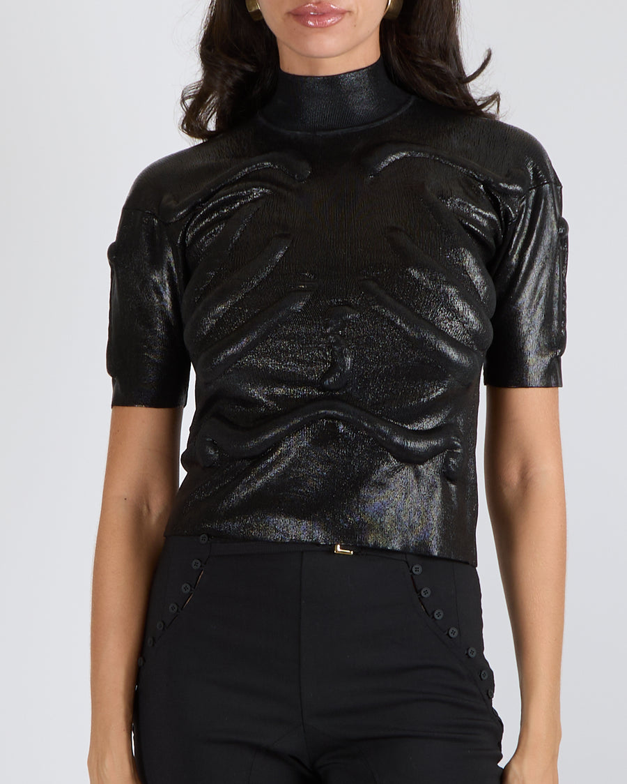 Schiaparelli Black Metallic Skeleton Short-Sleeved Top Size XS (UK 6)