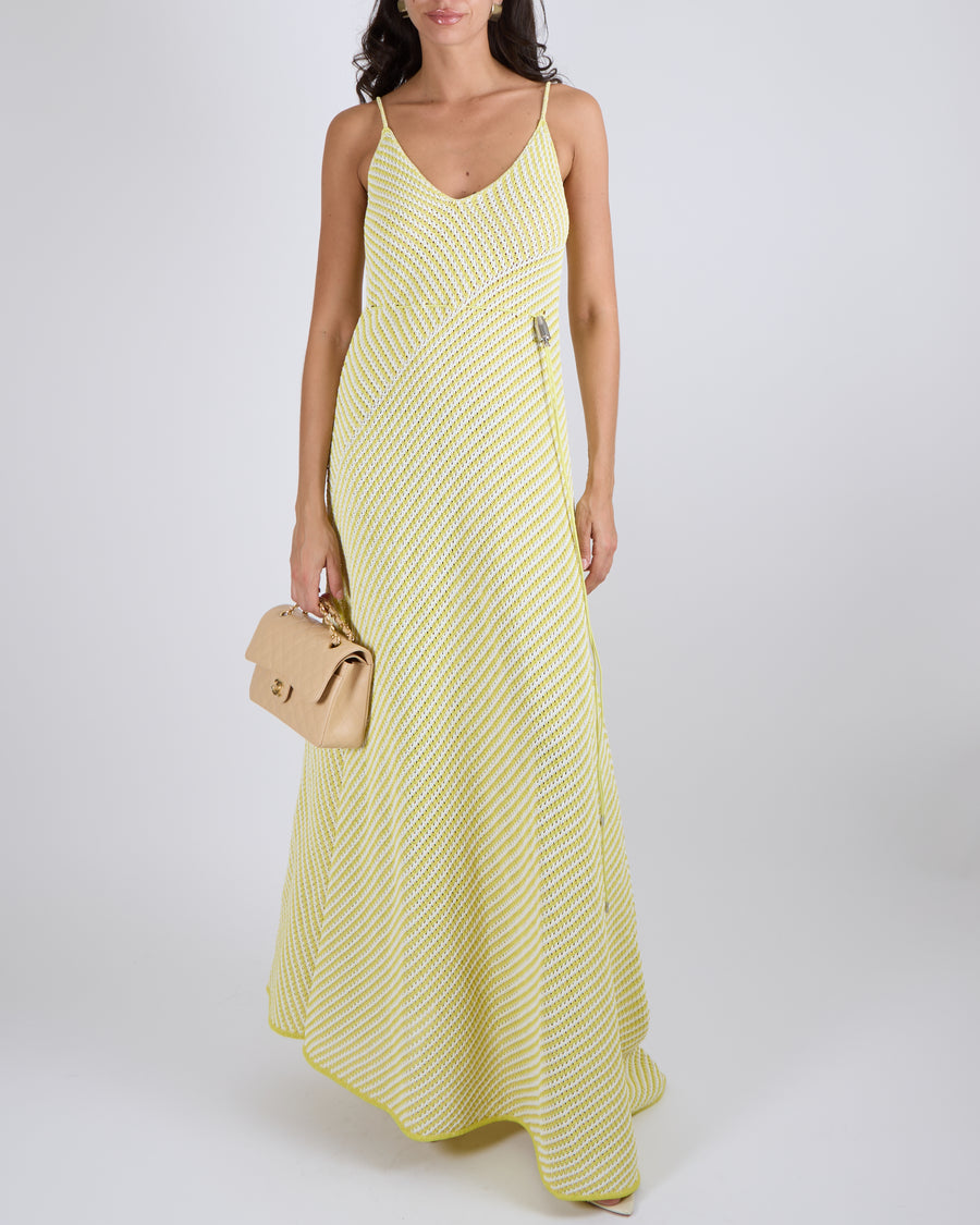 Bottega Veneta Yellow and White Striped Knit Maxi Dress with Silver String Detailing Size S (UK 8) RRP £1,995