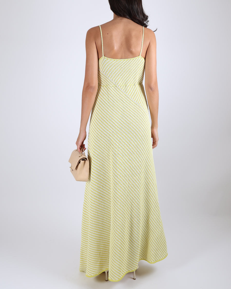 Bottega Veneta Yellow and White Striped Knit Maxi Dress with Silver String Detailing Size S (UK 8) RRP £1,995