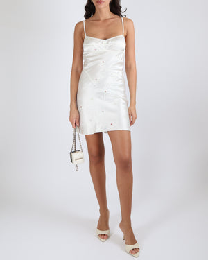 Anna October White Satin Mini Dress with Floral Sequin Appliqués Size XS (UK 6) RRP £695