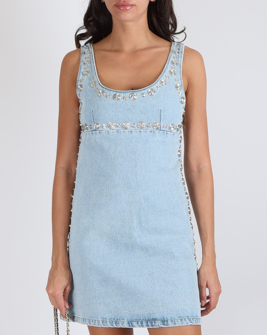 Coperni Blue Denim Mini Dress with Silver Eyelet Details Size FR 38 (UK 10) RRP £600
