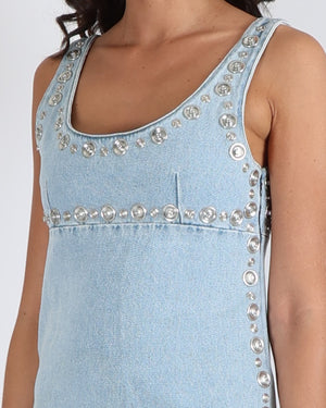 Coperni Blue Denim Mini Dress with Silver Eyelet Details Size FR 38 (U Sellier Coperni Blue Denim Mini Dress with Silver Eyelet Details Size FR 38 (U Sellier