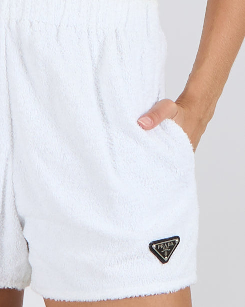 Prada White Terry Shorts with Logo Plaque Detail Size IT 38 (UK 6) RRP £800
