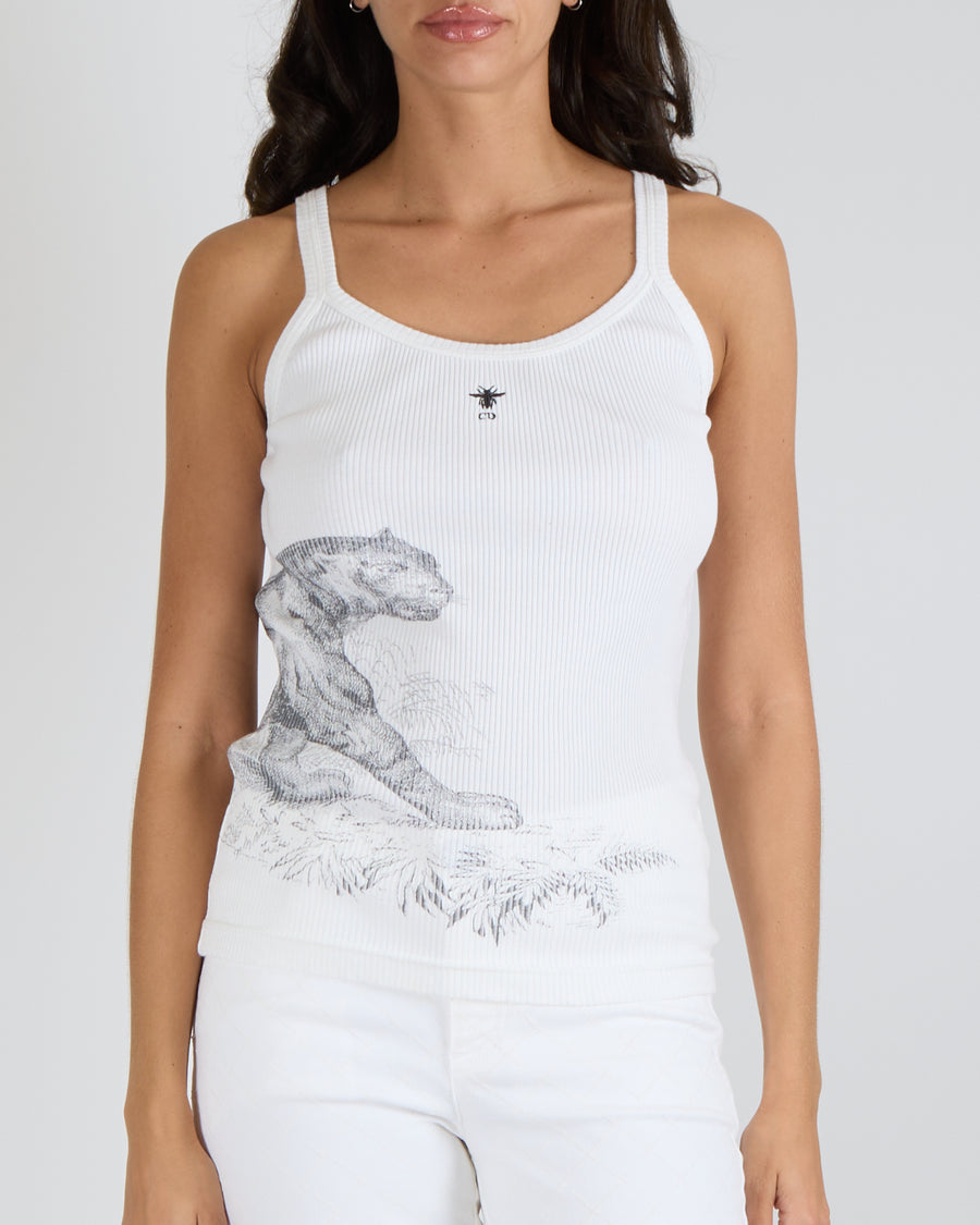 Christian Dior White Cotton Tank Top with Tiger Print and CD Logo Detail Size M (UK 10) RRP £795