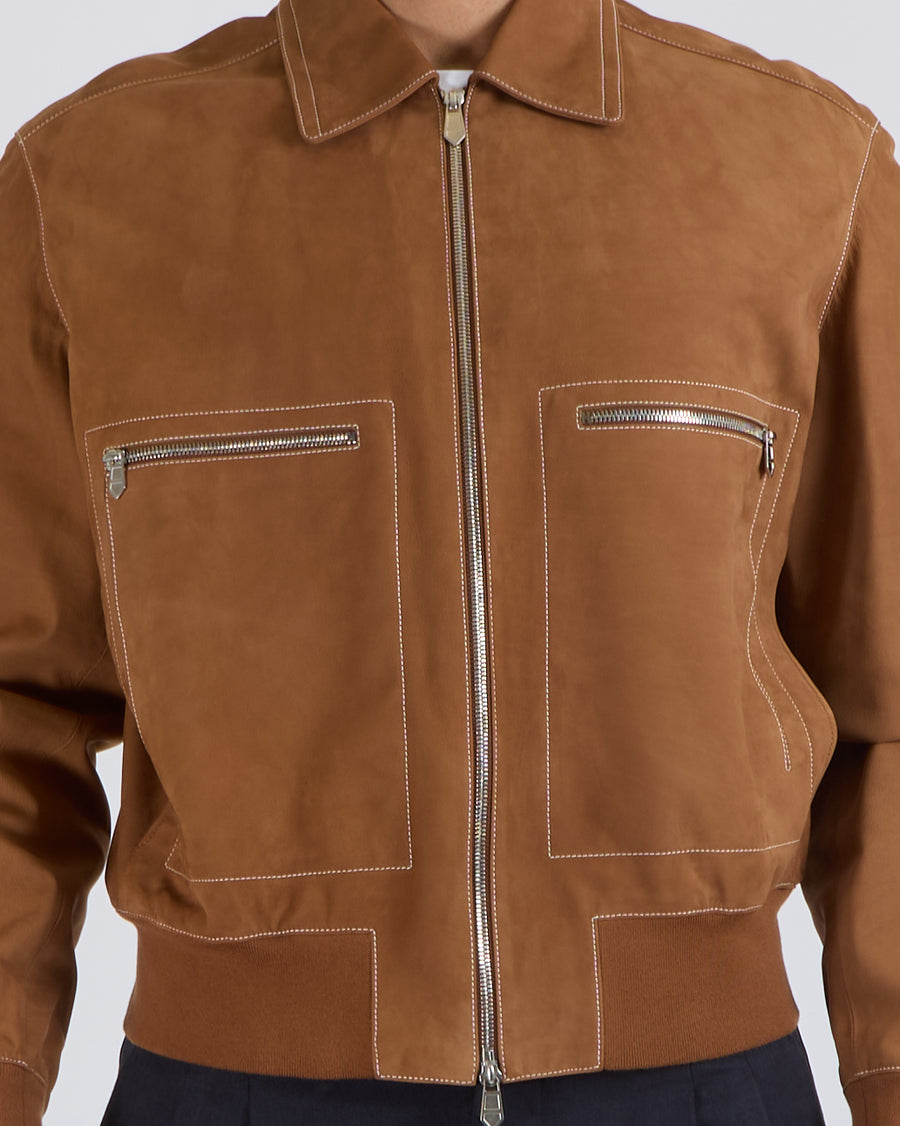Hermès Menswear Jacket in Sienne Veau Nubuck with Palladium Zipper Details Size FR 50 (UK 40)