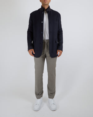 Stefano Ricci Menswear Navy Wool Blend Coat with Silver Zipper Details and Dark Grey Collar Size IT 54 (UK 44)