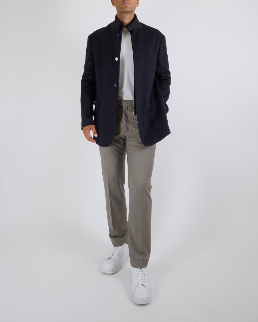 Stefano Ricci Menswear Navy Wool Blend Coat with Silver Zipper Details and Dark Grey Collar Size IT 54 (UK 44)