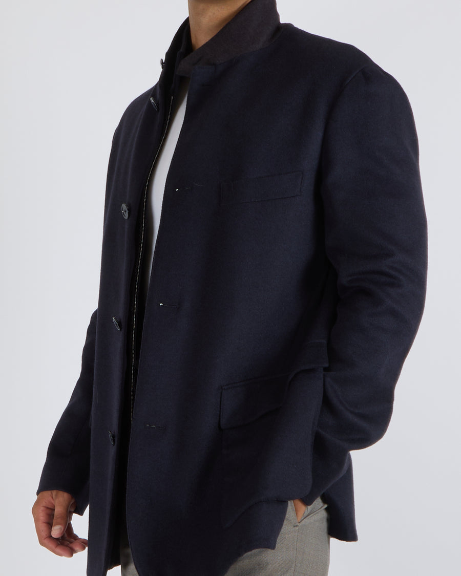 Stefano Ricci Menswear Navy Wool Blend Coat with Silver Zipper Details and Dark Grey Collar Size IT 54 (UK 44)